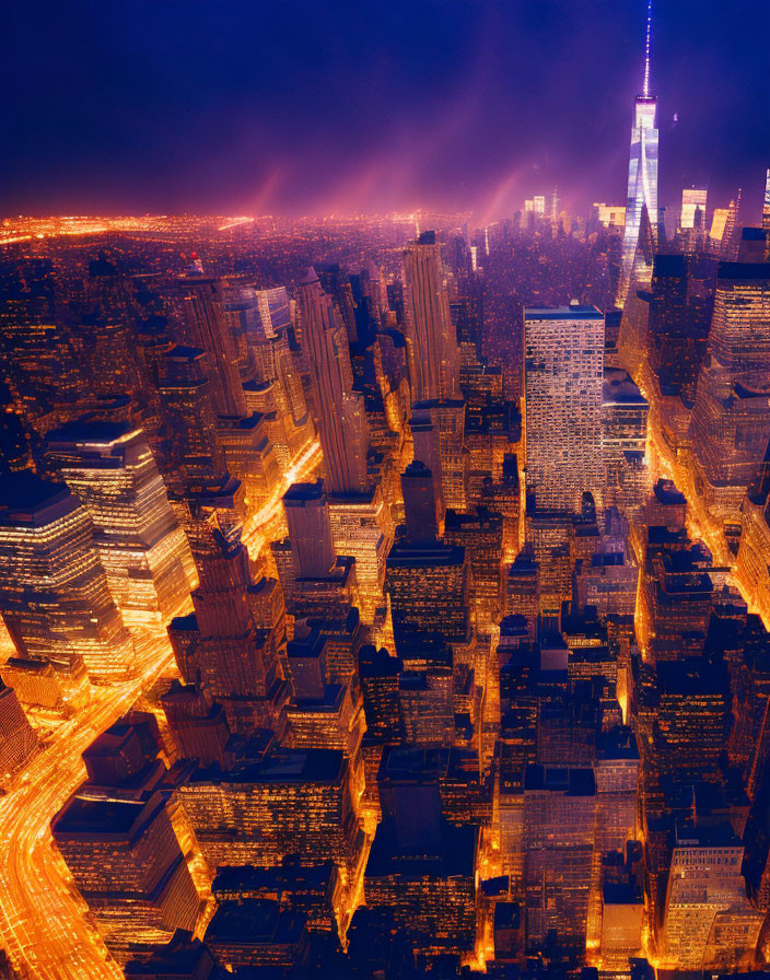 Cityscape with Illuminated Skyscrapers in Aerial Night View