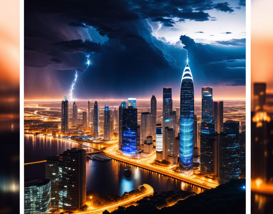 Dramatic cityscape at dusk with lightning and stormy sky