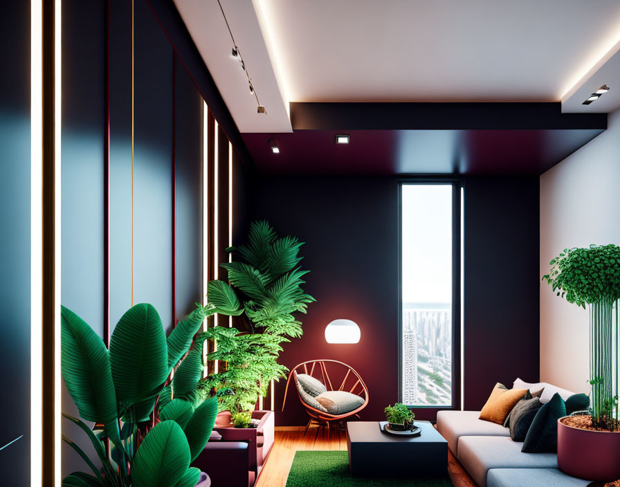 Stylish living room with purple walls, green plants, sleek furniture, and city view window