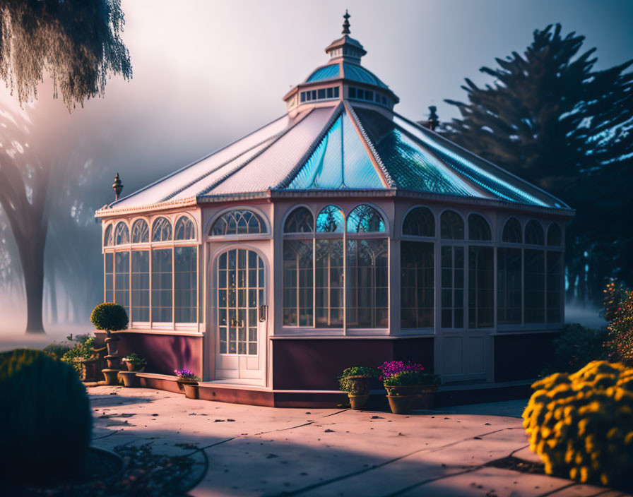 Victorian-style Glasshouse in Misty Garden with Sunlit Flowers