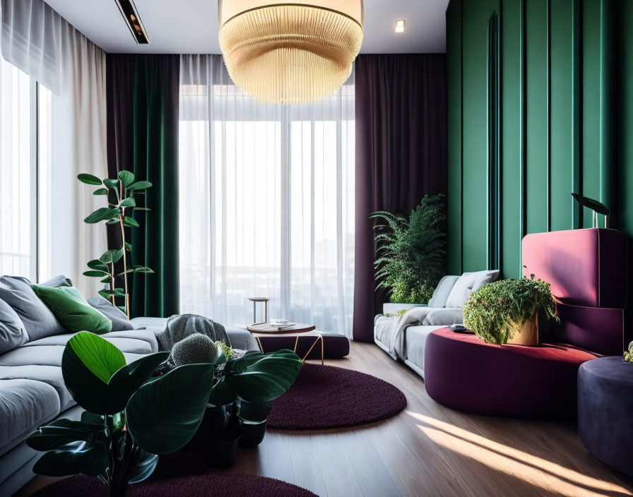 Modern Living Room with Grey Sofa, Purple Armchair, Large Windows, Green Curtains, Wood Flooring