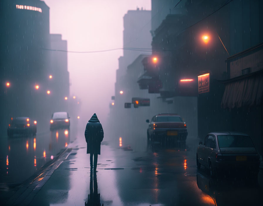 Pedestrian with umbrella in rainy city street at dusk.