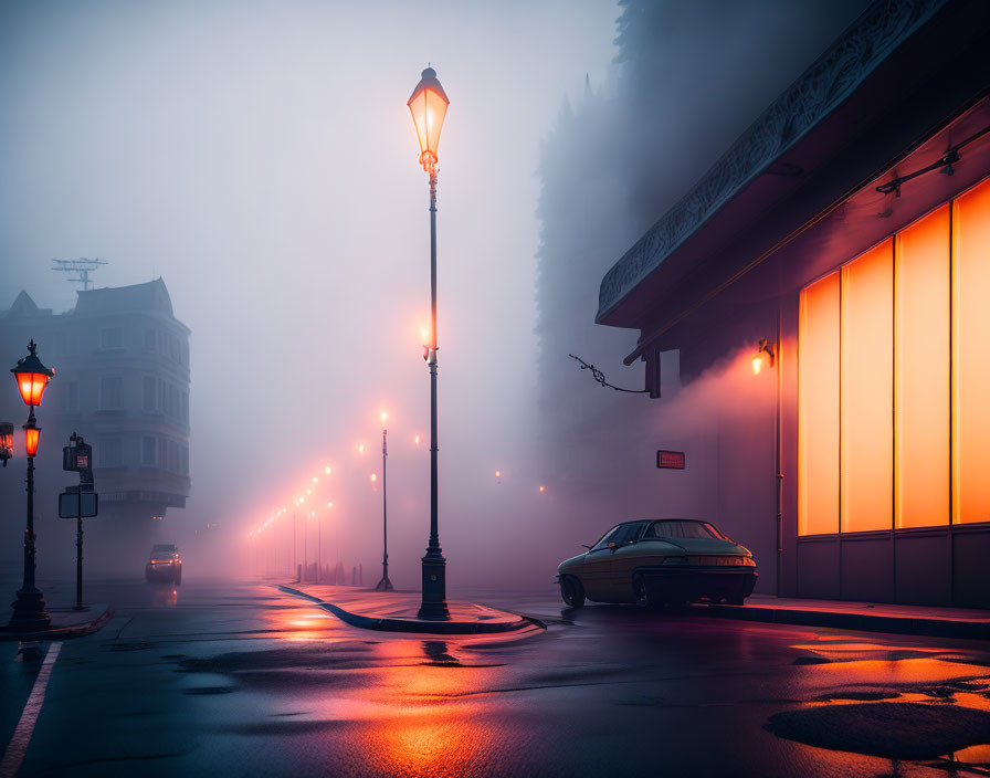 Vintage street lamps and classic car in foggy dusk scene