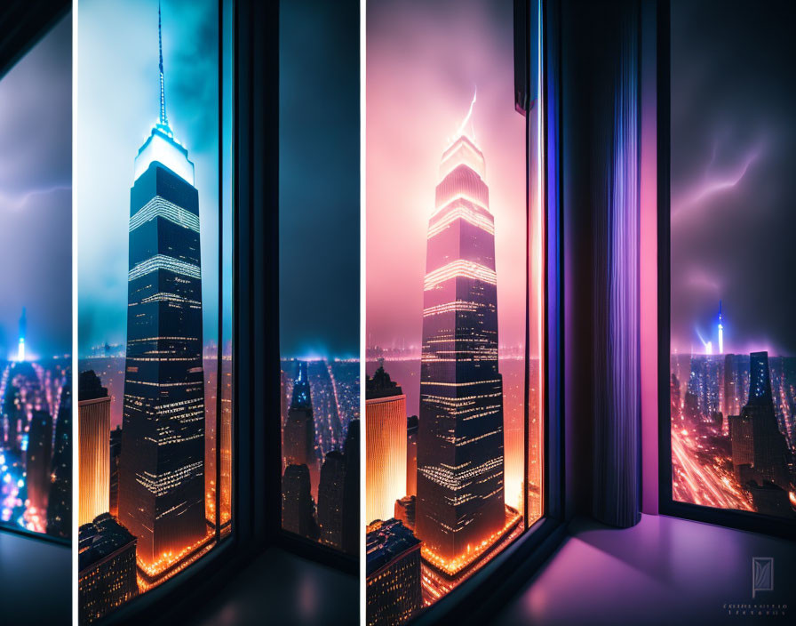 Diptych Image: Skyscraper at Night with Neon City Lights