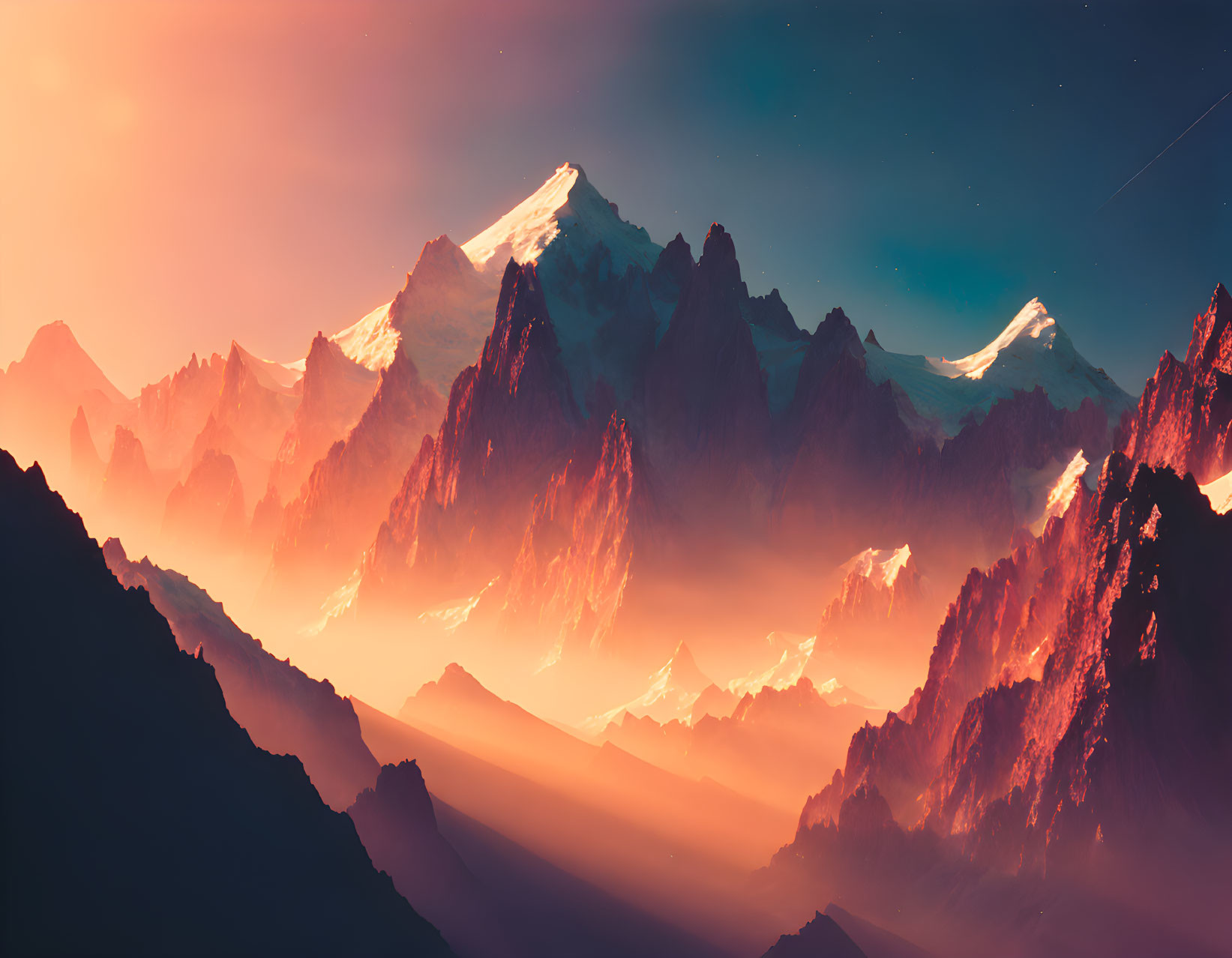 Majestic mountain range at dusk with shooting star in warm hues