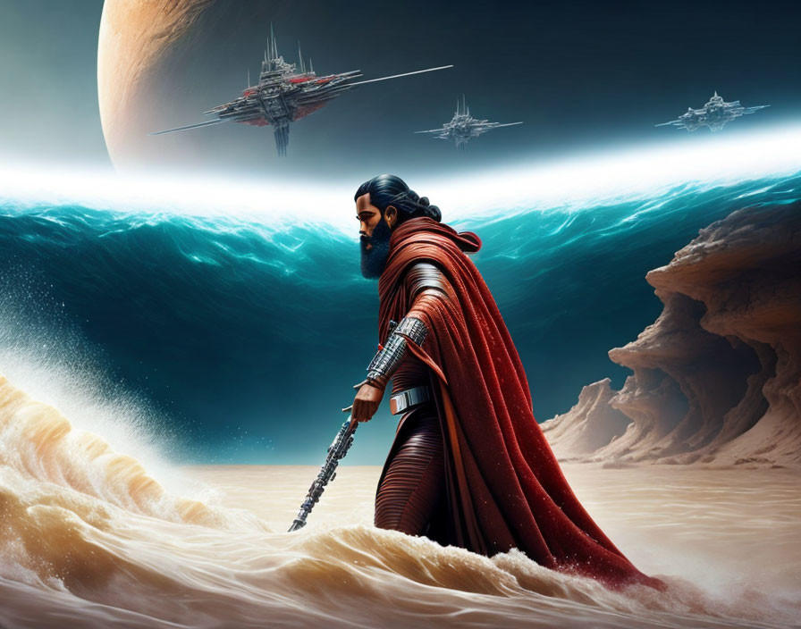 Futuristic warrior with cape and sword on sandy terrain with waves and spaceships