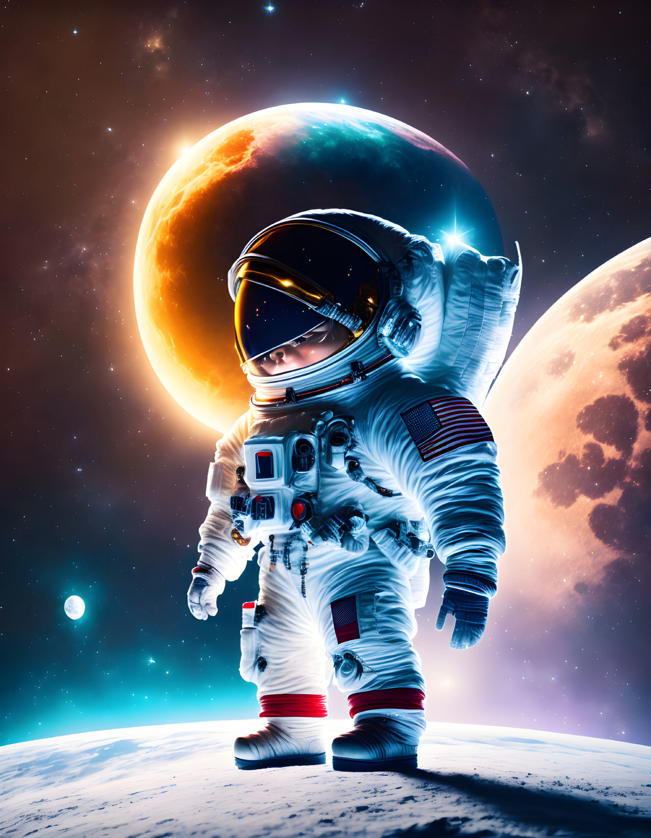 Astronaut on celestial surface with vibrant planets and stars