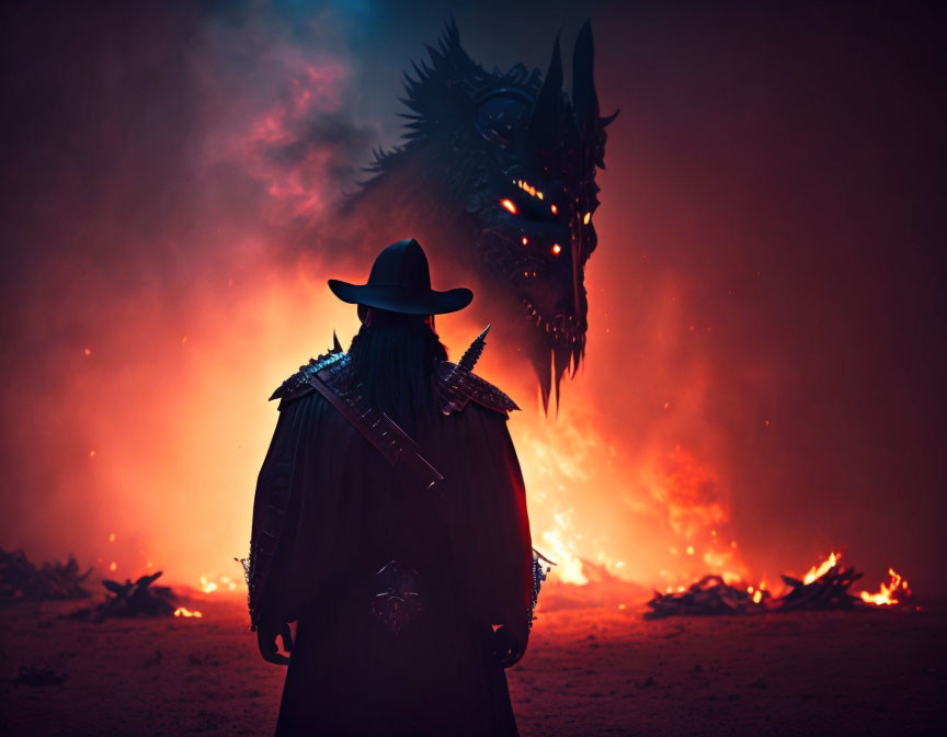 Cowboy hat and cloak figure with demonic mask in fiery landscape.