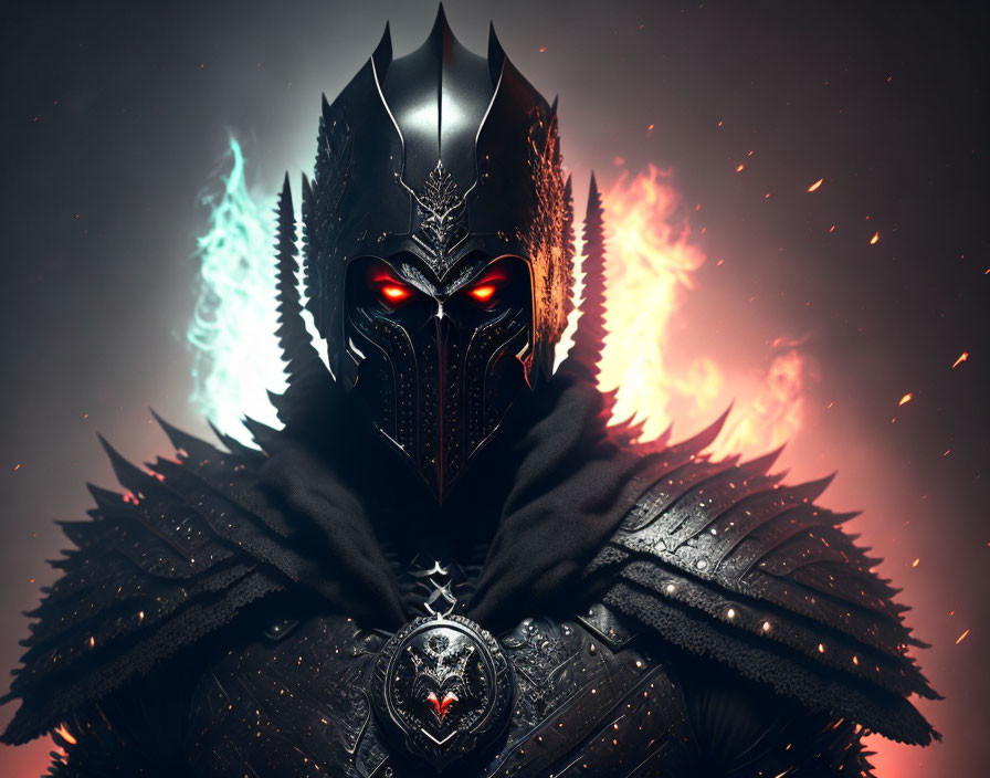 Dark figure in spiked armor with glowing red eyes amidst flames and blue glow