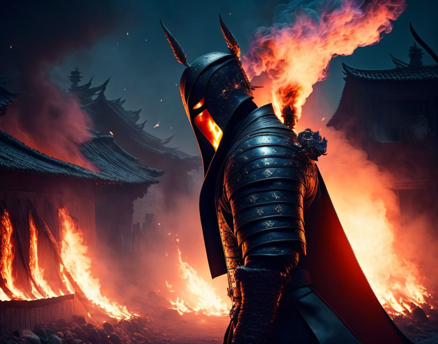 Black-armored knight with blue fire helmet in front of flaming backdrop and Asian temple