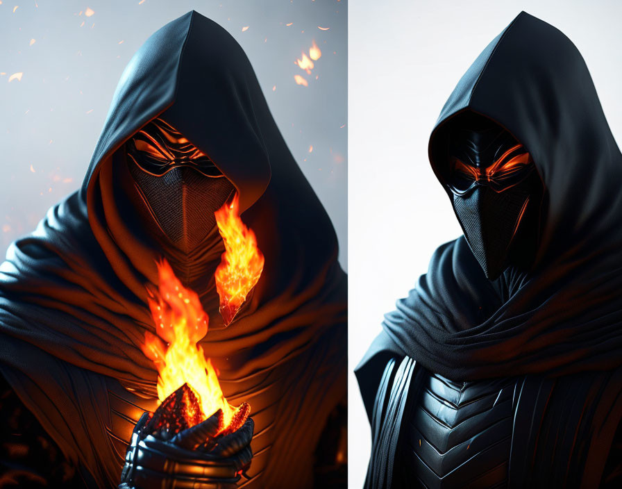 Split image of cloaked figure: fiery glow & embers on one side, cooler dark tones on