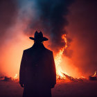 Cowboy hat and cloak figure with demonic mask in fiery landscape.