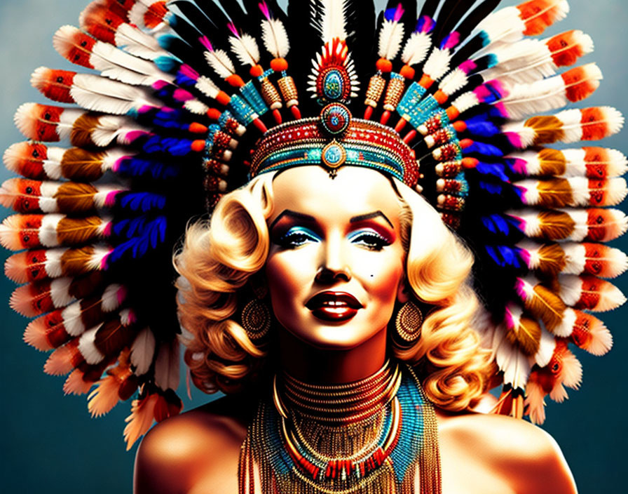 Person with glamorous makeup in Native American headdress & jewelry