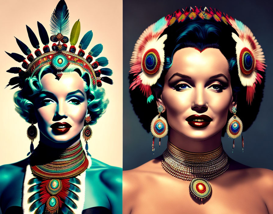 Stylized portraits of a woman in Native American headdress on gradient background