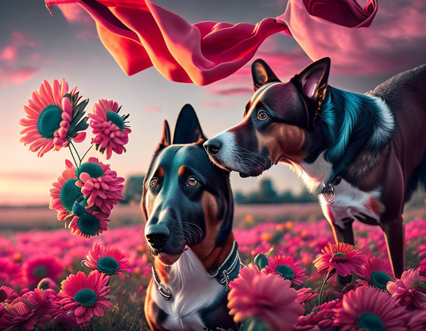 Two dogs in pink flower field at sunset with red flowing fabric