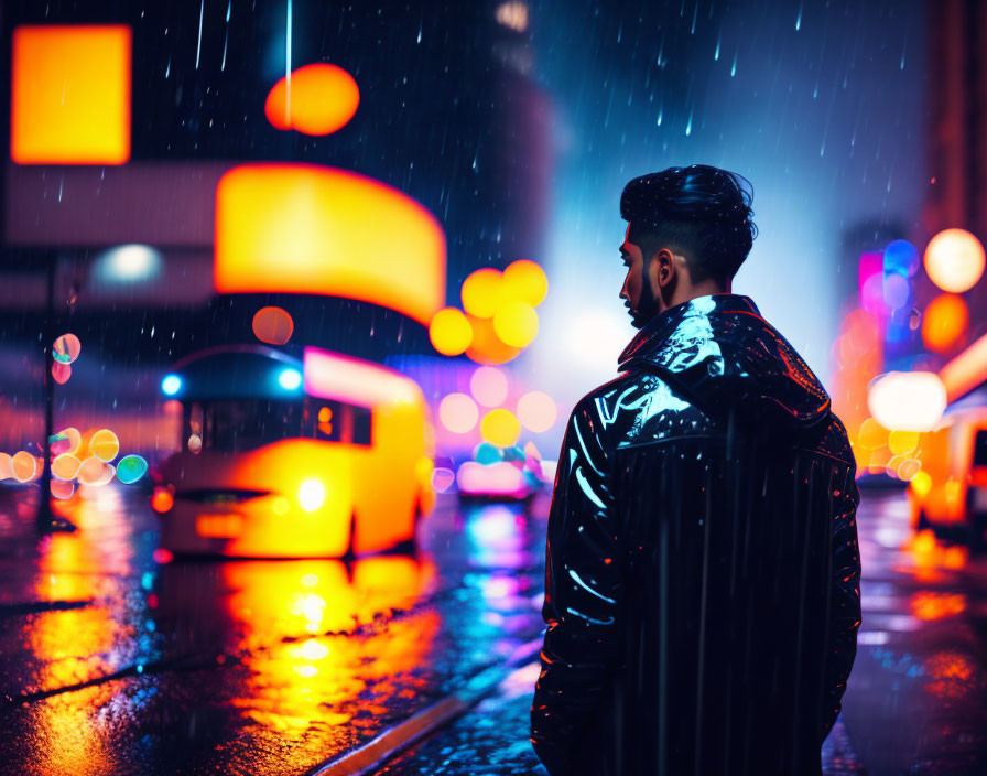 Person in Black Jacket on Rainy Night Street with City Lights