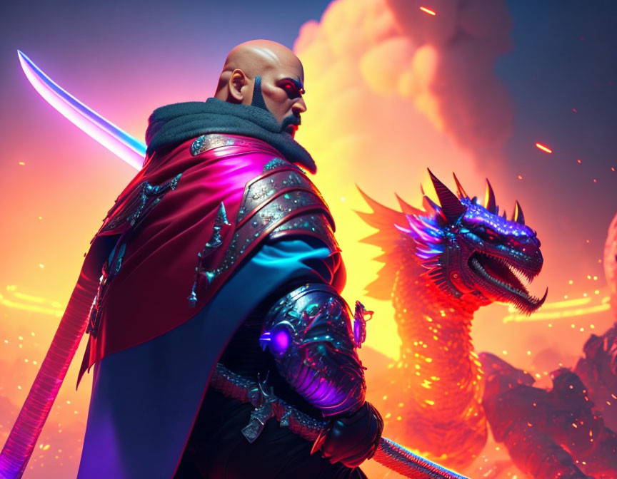 Bald warrior in ornate armor faces roaring dragon in fiery background