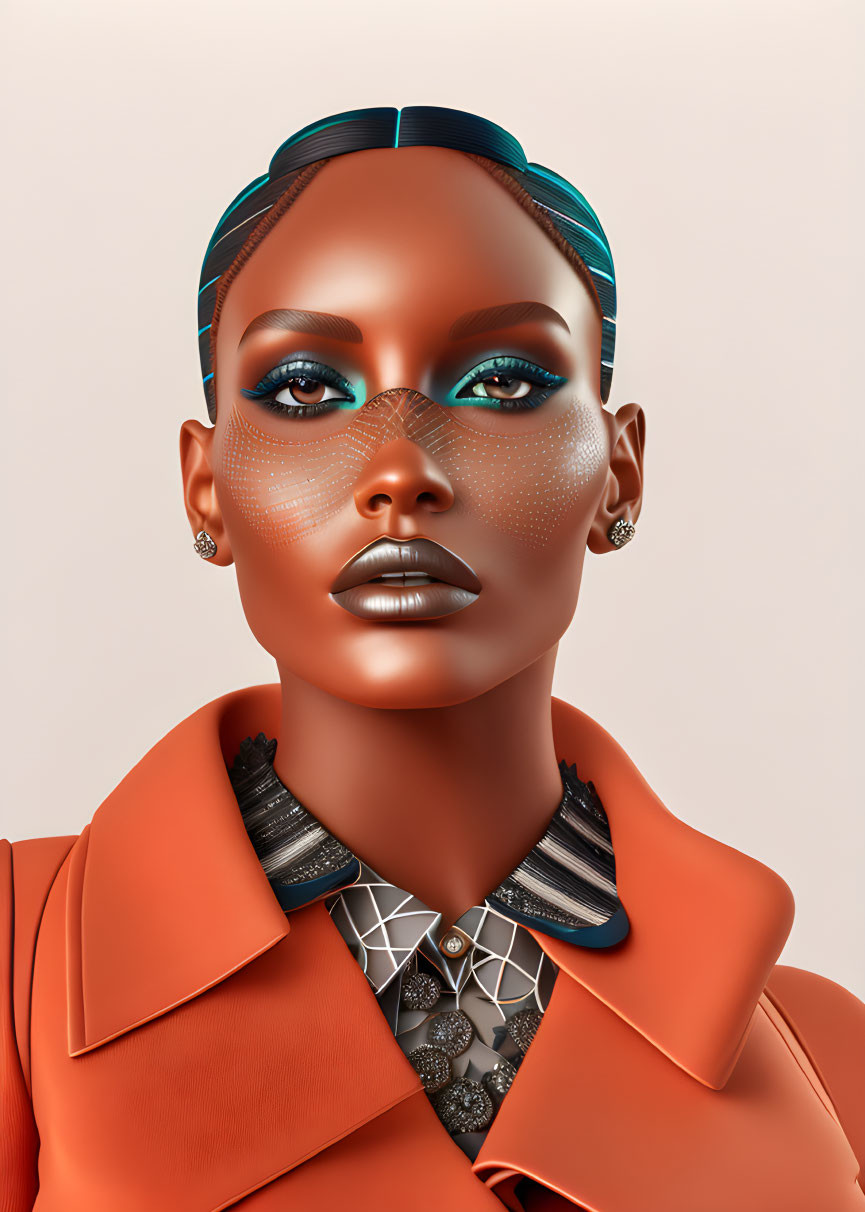 Stylized 3D illustration of woman with striking makeup and metallic adornments