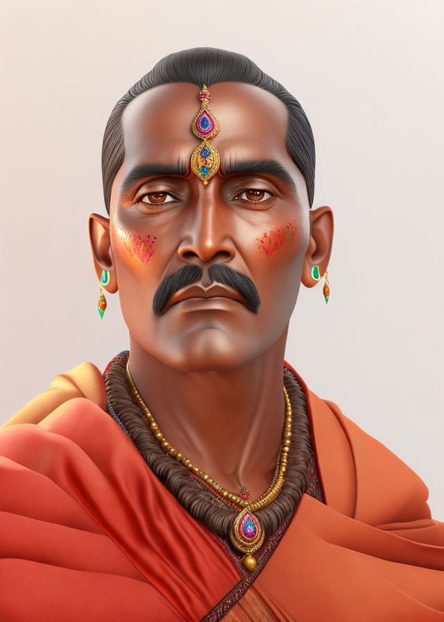 Man with Mustache in Traditional Indian Attire and Jewelry