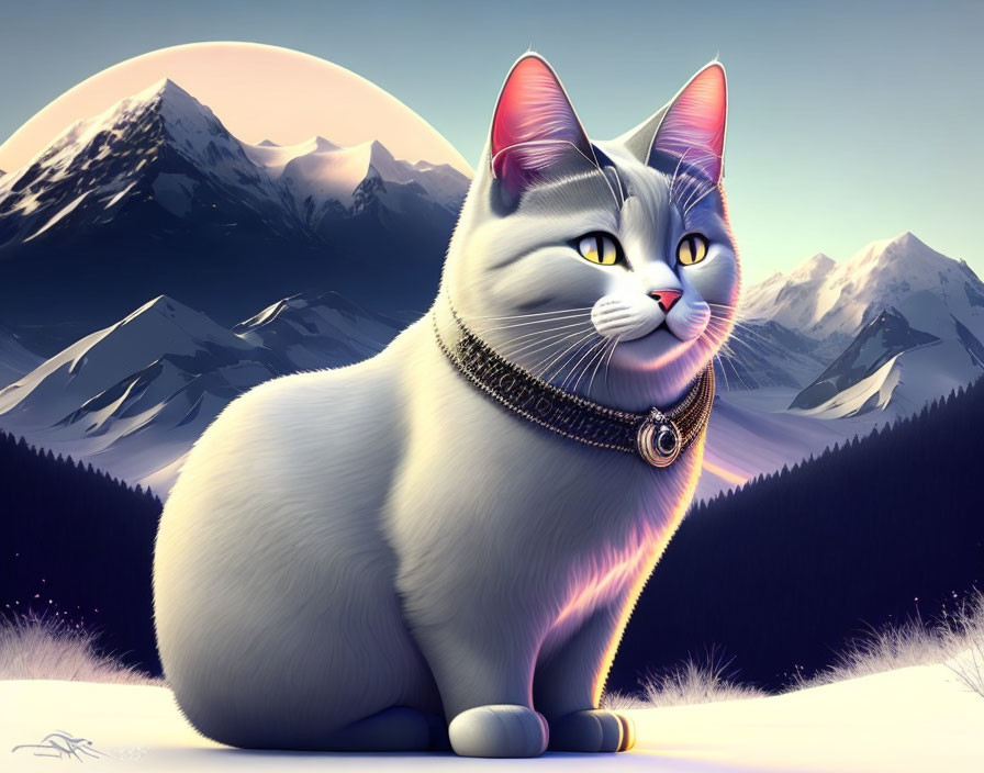 Whimsical cat illustration with expressive eyes in mountain twilight.