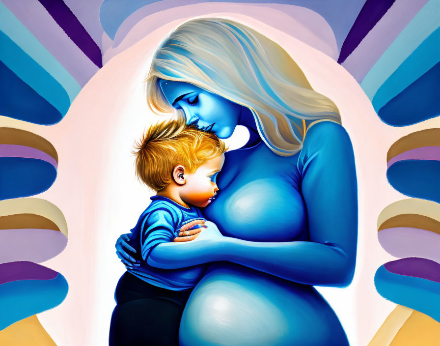 Stylized illustration of woman with blue skin holding child on colorful background