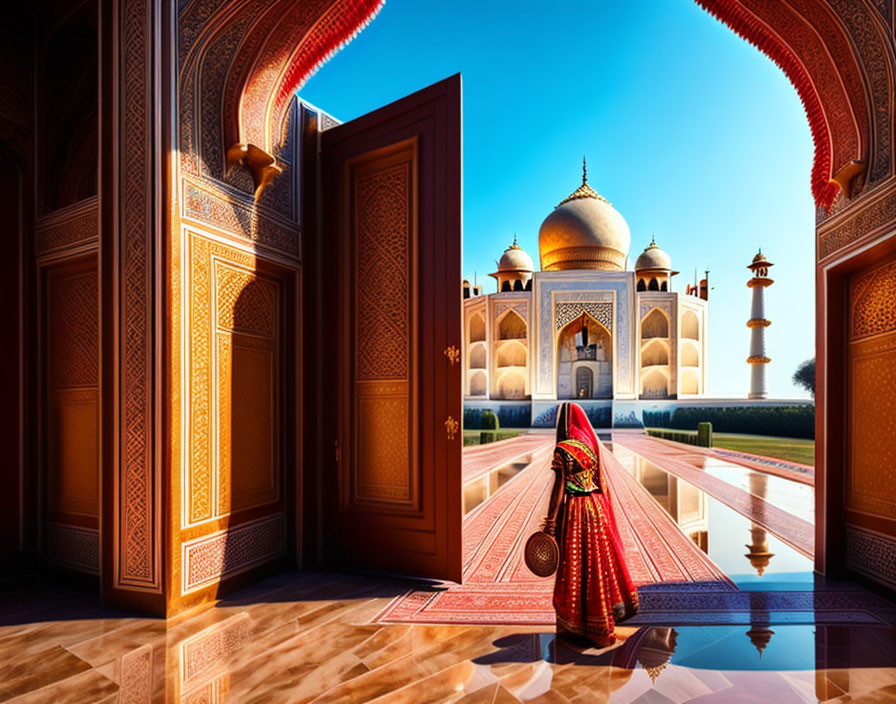 Traditional attire person at grand structure with Taj Mahal view under clear sky