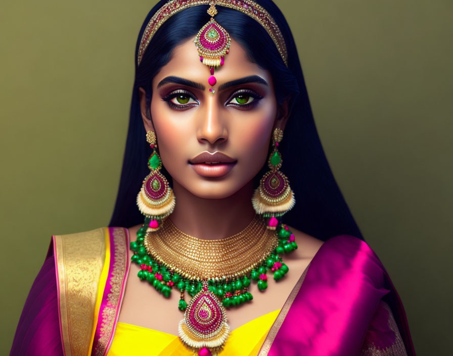 Traditional Indian bridal makeup and jewelry on a woman against green background