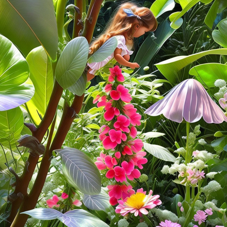Miniature girl climbing tree in vibrant flower garden setting