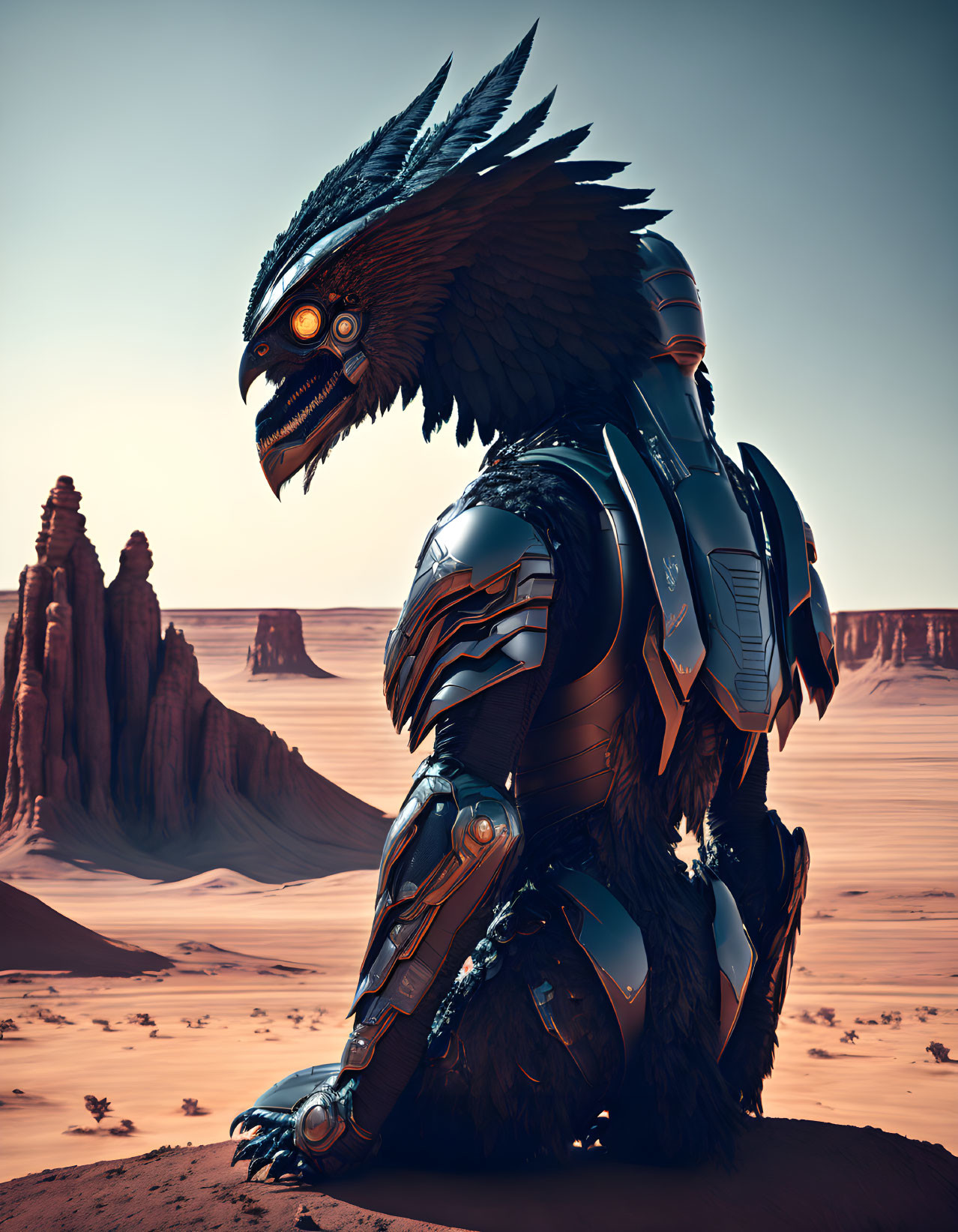 Bird-like Head Creature in Desert Landscape with Mechanical Body