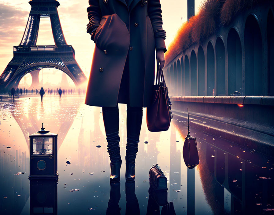 Person in coat by water puddle near Eiffel Tower at sunset with reflections and vintage lantern.