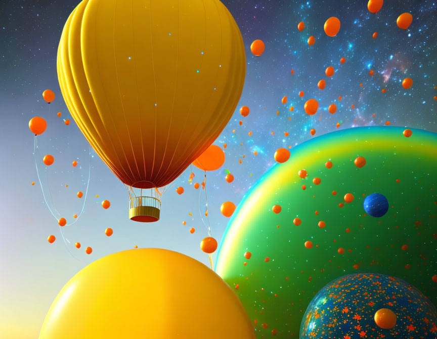 Colorful hot air balloon among planets and orbs in starry sky landscape