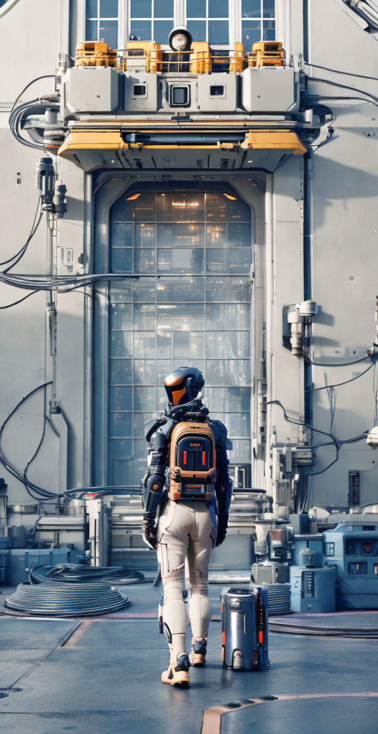 Futuristic astronaut in high-tech facility with large windowed door