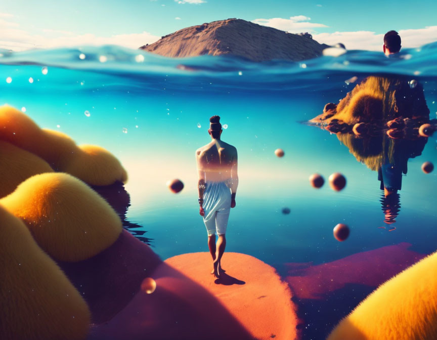 Surreal split view of person on island with underwater world and barren landscape.