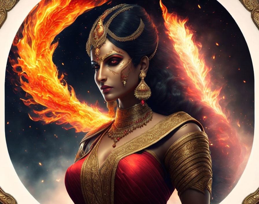 Traditional Indian Attire Woman in Ring of Fire Cosmic Background