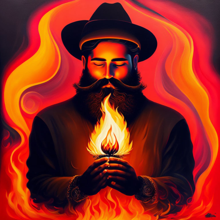 Man with Beard and Hat Holding Flame Surrounded by Swirling Red and Orange Hues