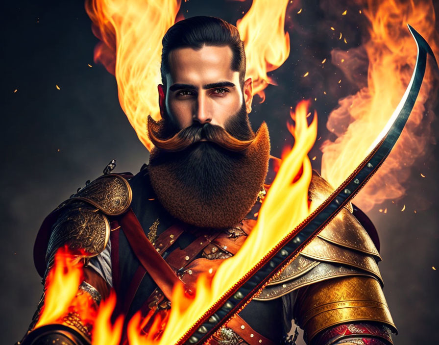 Bearded Warrior in Armor with Flaming Sword