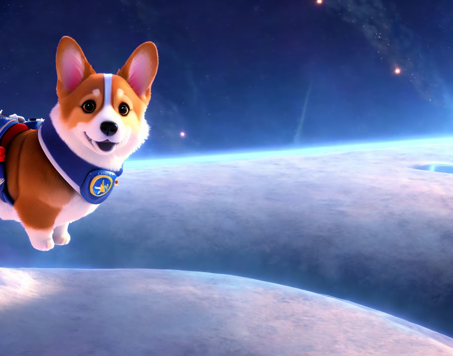 Animated Corgi in Space Suit Floats Above Celestial Body