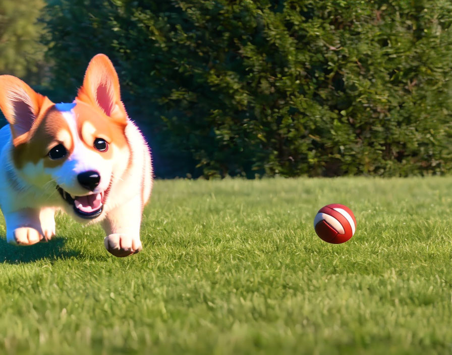 Energetic corgi playing with red and white ball in green garden