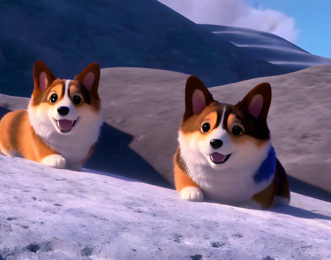 Two smiling animated corgi dogs in snowy landscape