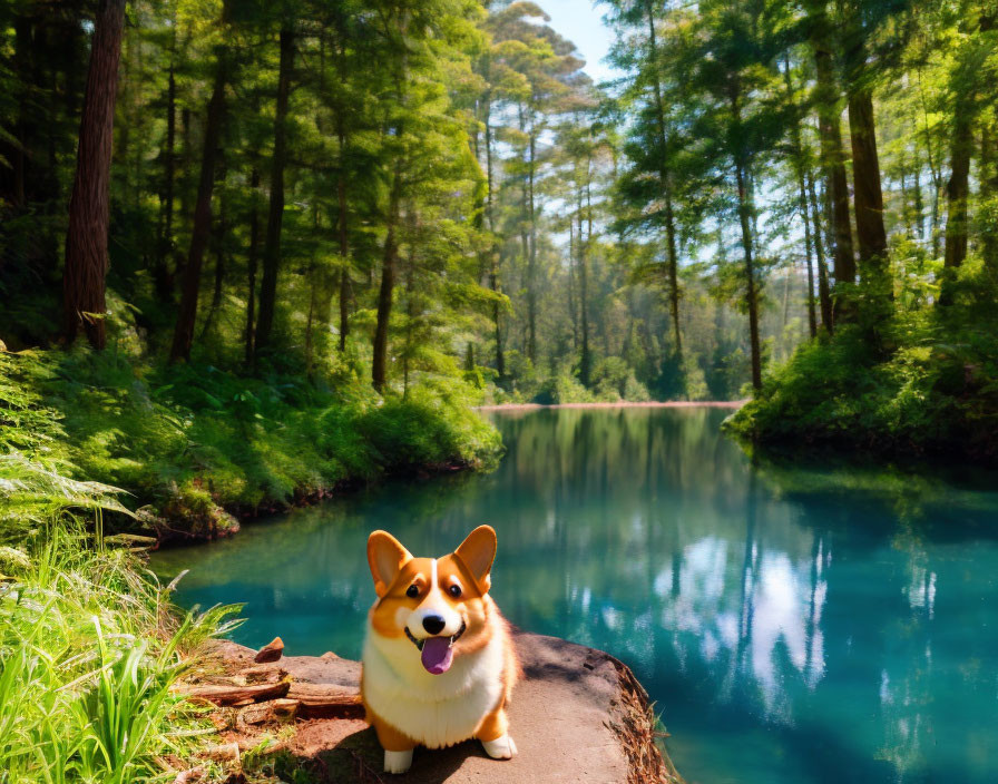 Corgi dog by serene forest lake with green trees and sky reflection