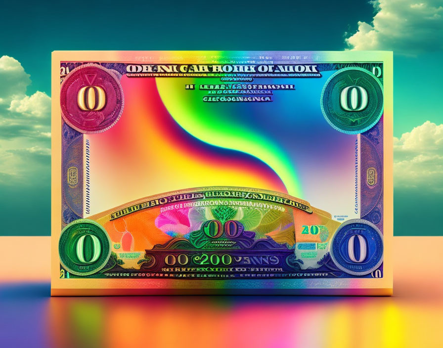 Vibrant banknote with rainbow trail on sunset sky backdrop