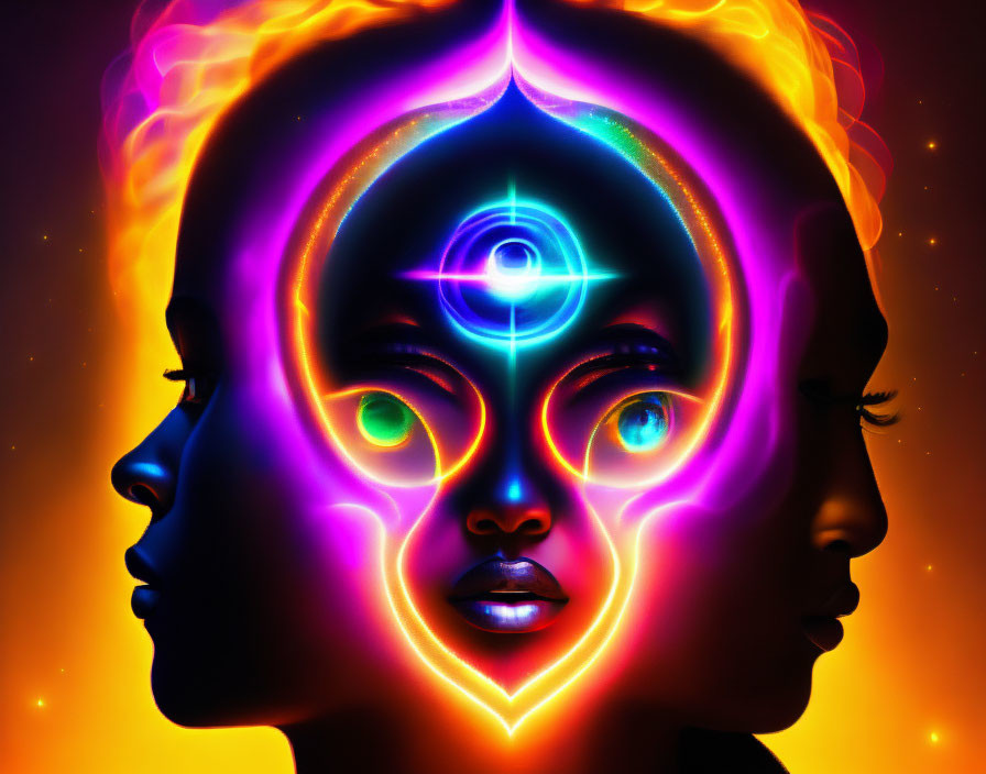 Silhouetted profiles with neon outlines and colorful mind's eye symbol on fiery backdrop