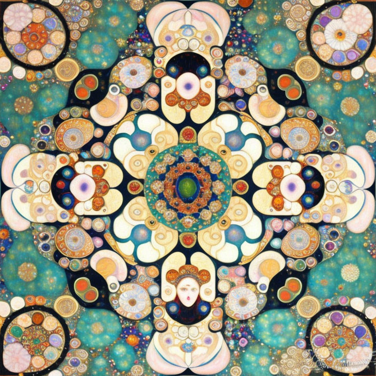 Colorful Symmetrical Mandala Artwork with Four Faces and Floral Designs