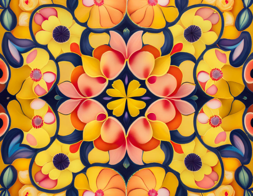 Vibrant Multicolored Floral Symmetrical Pattern in Yellow, Pink, and Blue