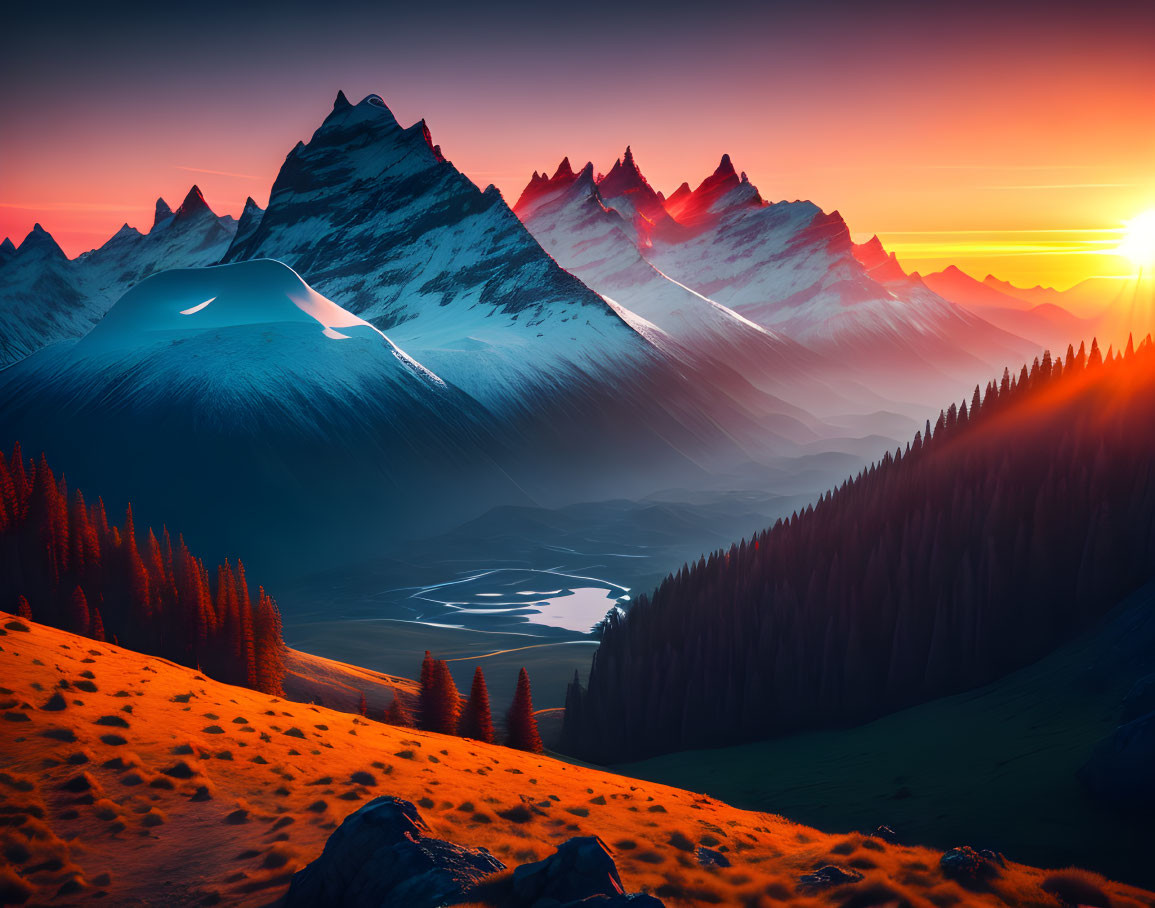 Scenic mountain landscape at sunset with river and coniferous forest