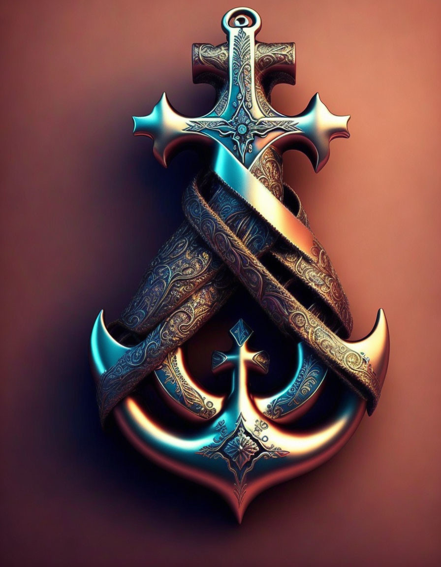 Metallic sword and ornate anchor on warm-toned background