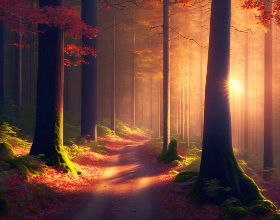 Autumn forest path with red leaves and tall trees under sunlight