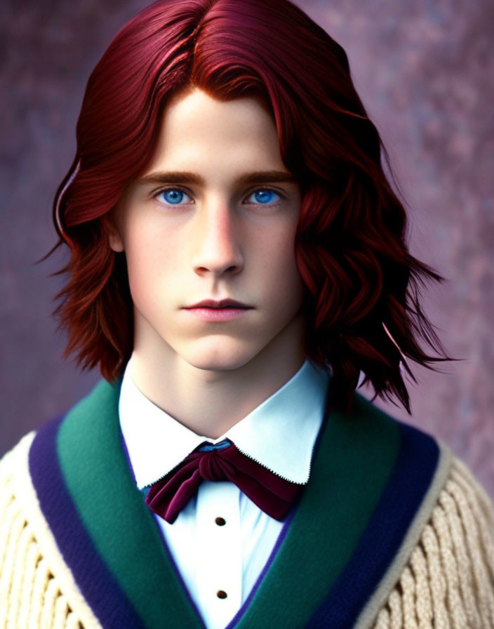 Young male digital portrait with red hair, blue eyes, white shirt, bow tie, green & yellow