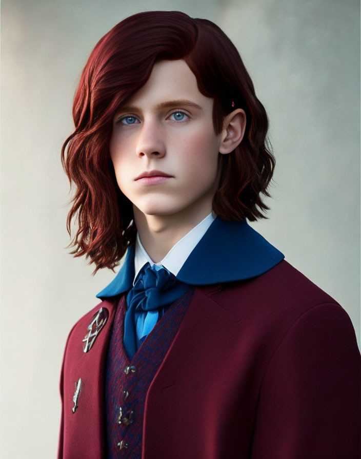 Digital art portrait of young male with wavy red hair and blue eyes in burgundy jacket and blue