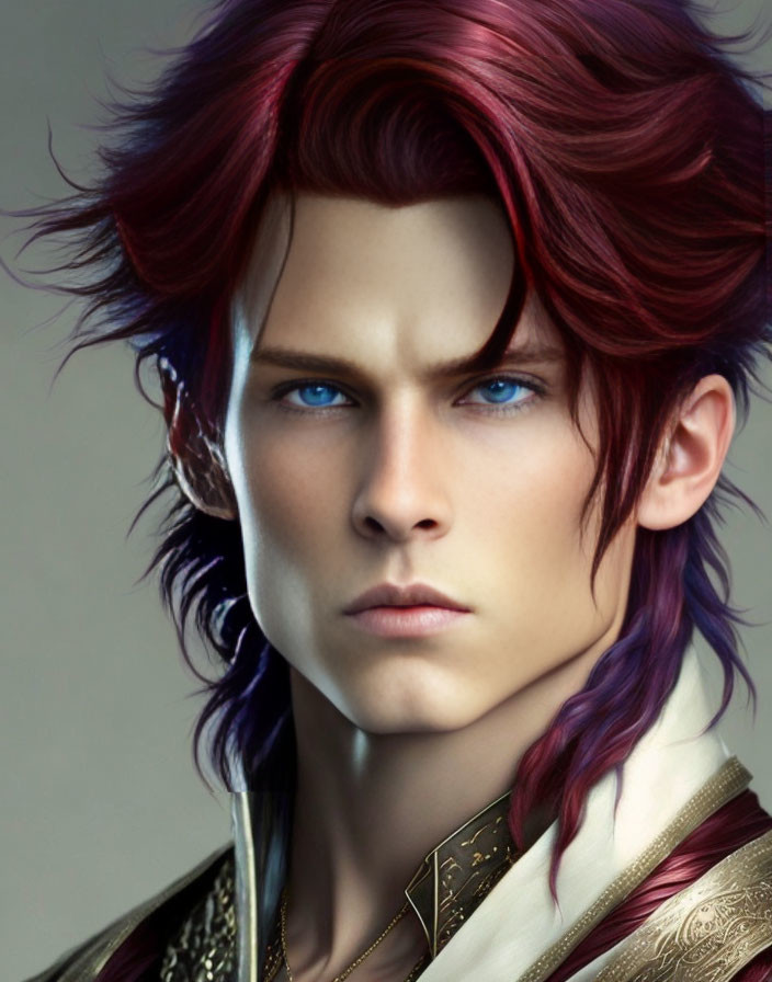 Androgynous digital portrait with blue eyes, red and purple hair, and decorative attire